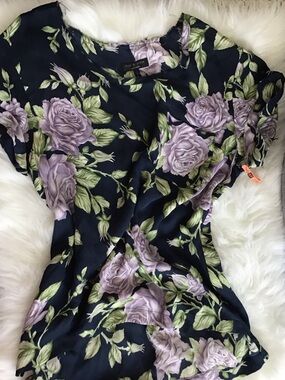 rag & bone Navy Floral Silk Blouse with Lavender Roses